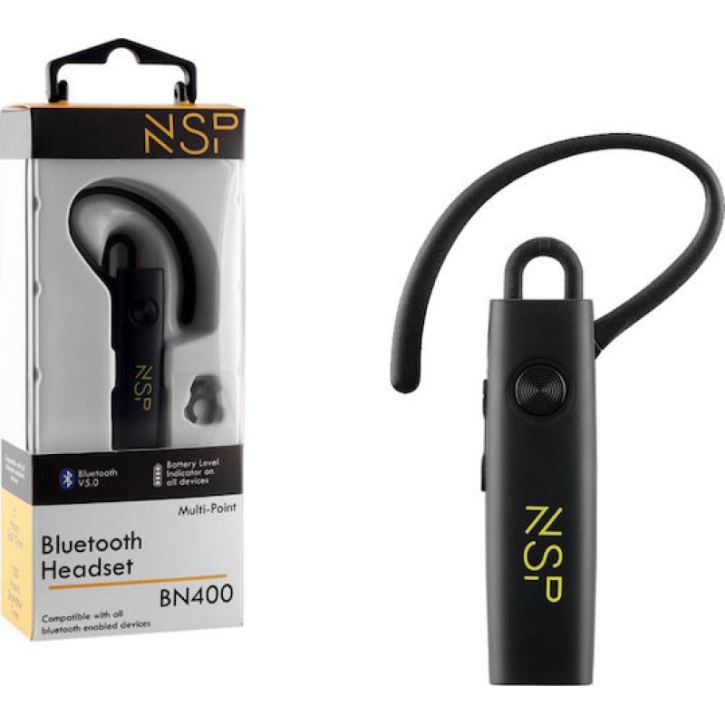 NSP BN-400 Bluetooth Headset V5.0 IN EAR (2 Συσκευών) + Hanger Clip For Strap Black (8273117)