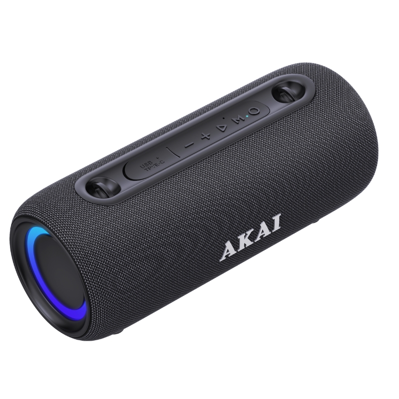 Akai ABTSW-40 Μαύρο φορητό αδιάβροχο ηχείο IPX5 με ύφασμα, Bluetooth, USB, AWS, handsfree, RGB lights και ιμάντα ώμου-15W RMS
