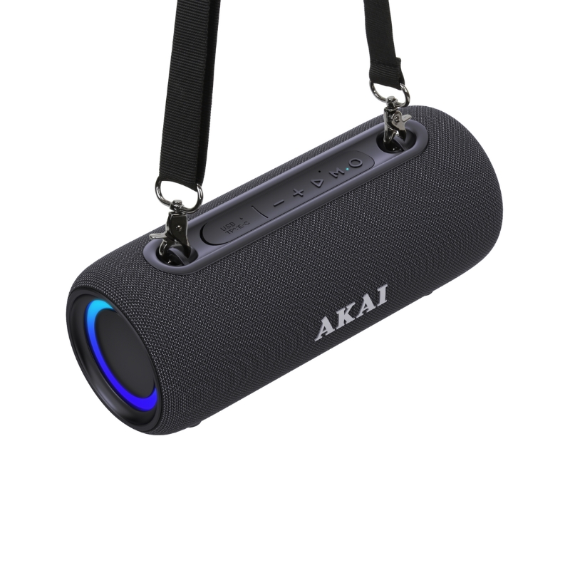 Akai ABTSW-40 Μαύρο φορητό αδιάβροχο ηχείο IPX5 με ύφασμα, Bluetooth, USB, AWS, handsfree, RGB lights και ιμάντα ώμου-15W RMS