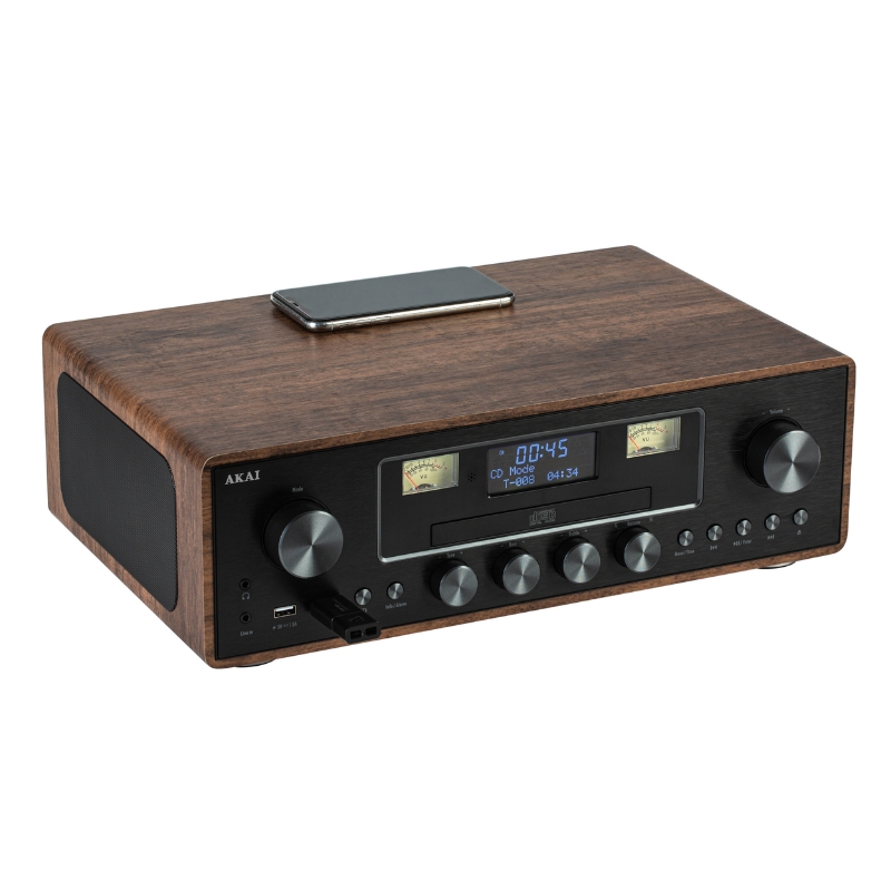 Akai AM-100 Rhapsody Ηχοσύστημα με CD player, ασύρματη φόρτιση, Bluetooth, 2xUSB για αναπαραγωγή και φόρτιση, EQ, FM, Aux-In, υποδοχή ακουστικών και τηλεχειριστήριο-30W RMS Μαύρο 