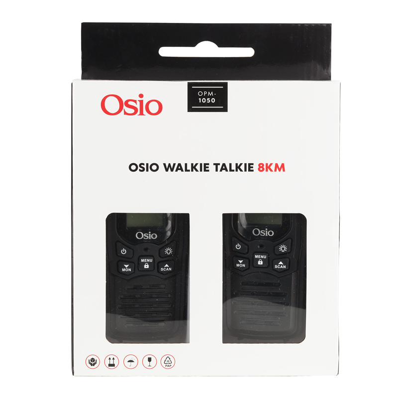 OSIO OPM-1050 Walkie Talkie Επαναφορτιζόμενο PMR με φακό και καλώδιο 8 km – 0.5W Mαύρο 