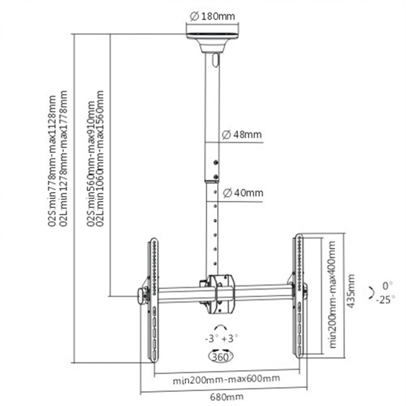 TELE PLB-CE946-02L Βάση Τηλεόρασης Οροφής 37" έως 70" 50kg  VESA 200x200 (25660)