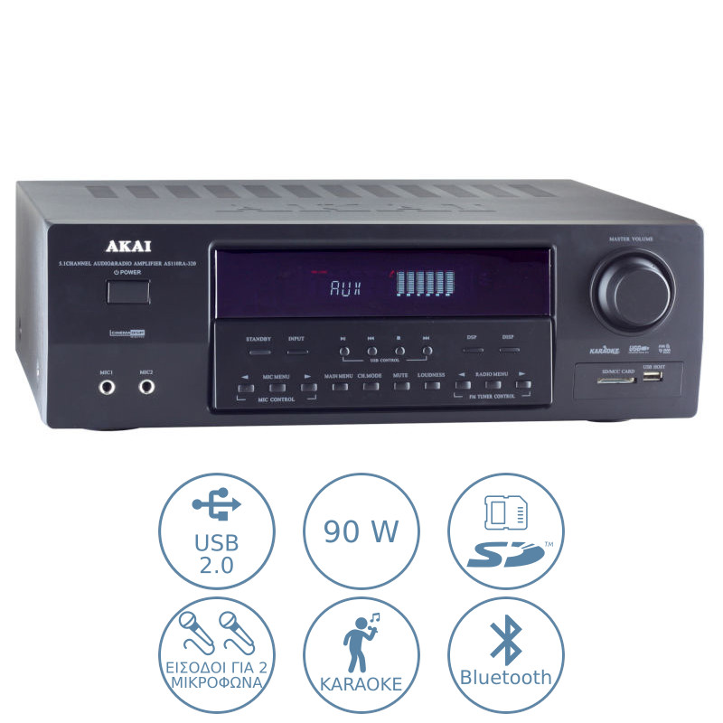AKAI AS110RA-320BT Ραδιοενισχυτής με Bluetooth/USB και καραόκε – 90W