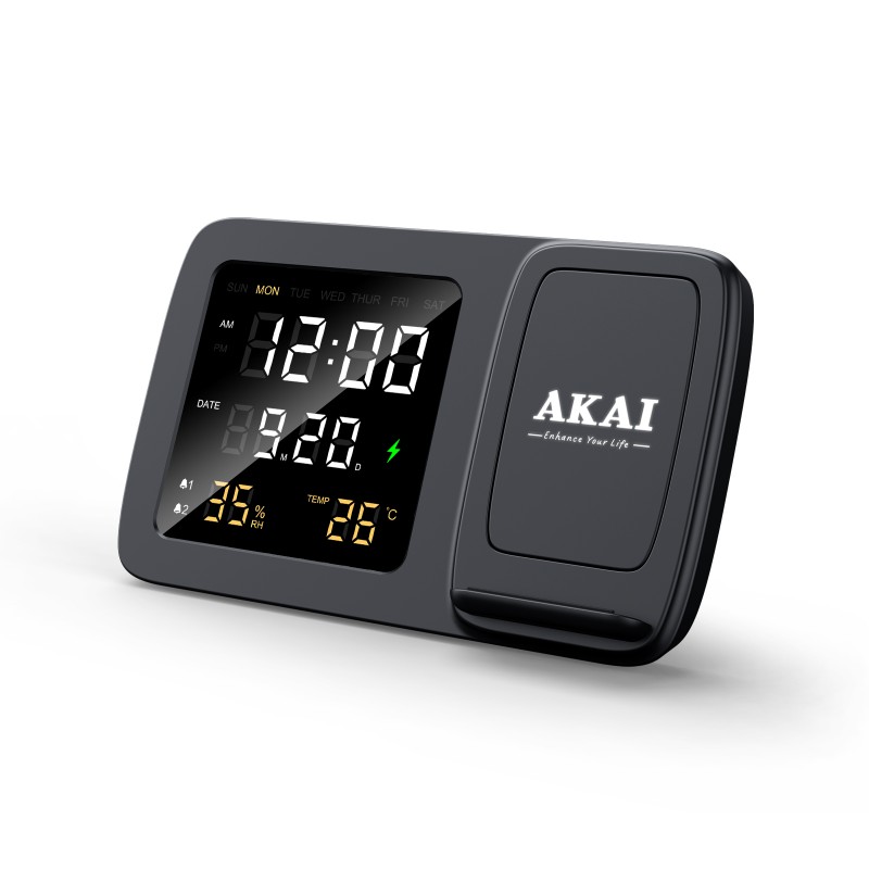 AKAI ACRW-3500 – Ασύρματος Φορτιστής Qi έως 15W με Διπλό Ξυπνητήρι, LED Οθόνη & Αισθητήρες Θερμοκρασίας/Υγρασίας (1105221-0016)