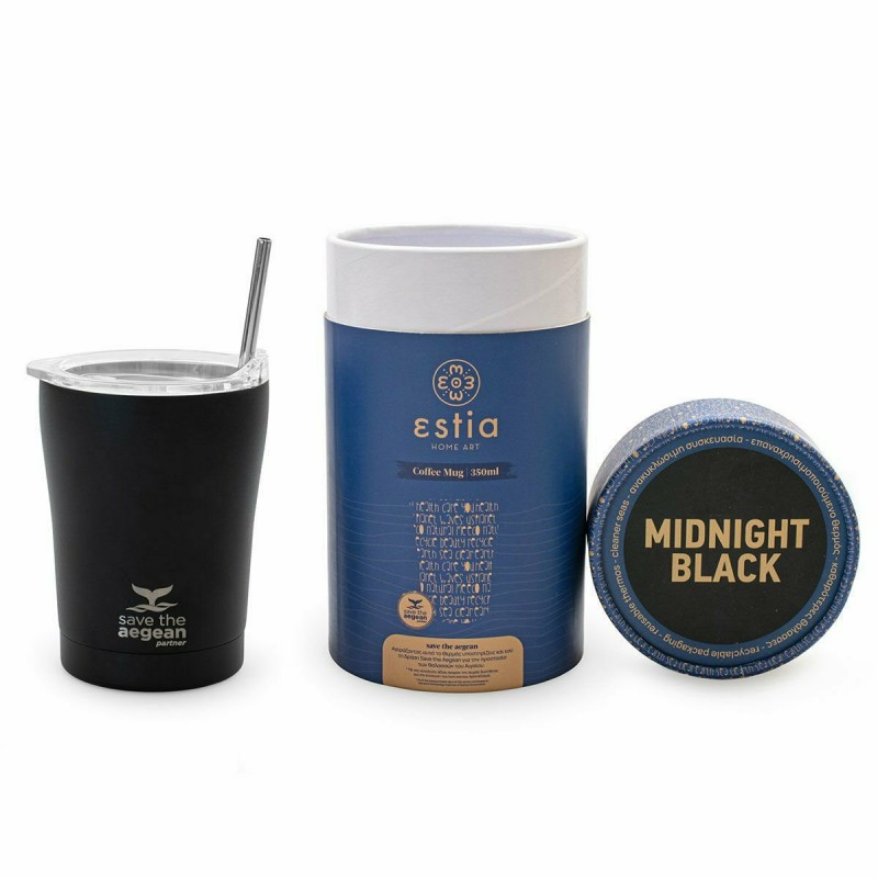 Estia Coffee Mug Save The Aegean Ποτήρι Θερμός με Καλαμάκι 350ml Midnight Black (01-12083)