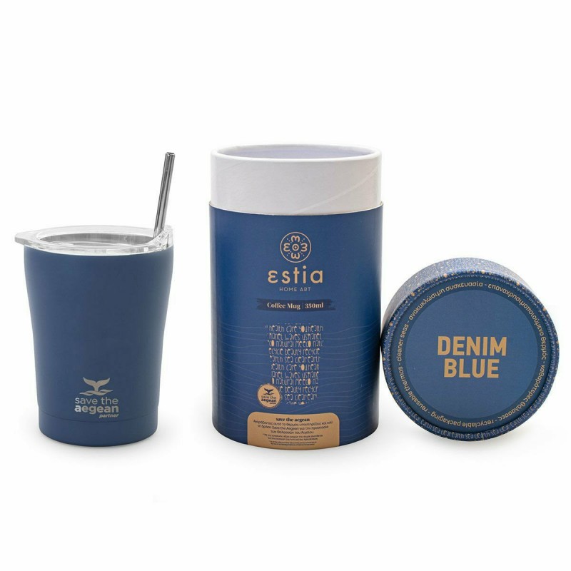 Estia Coffee Mug Save The Aegean Ποτήρι Θερμός με Καλαμάκι 350ml Denim Blue 